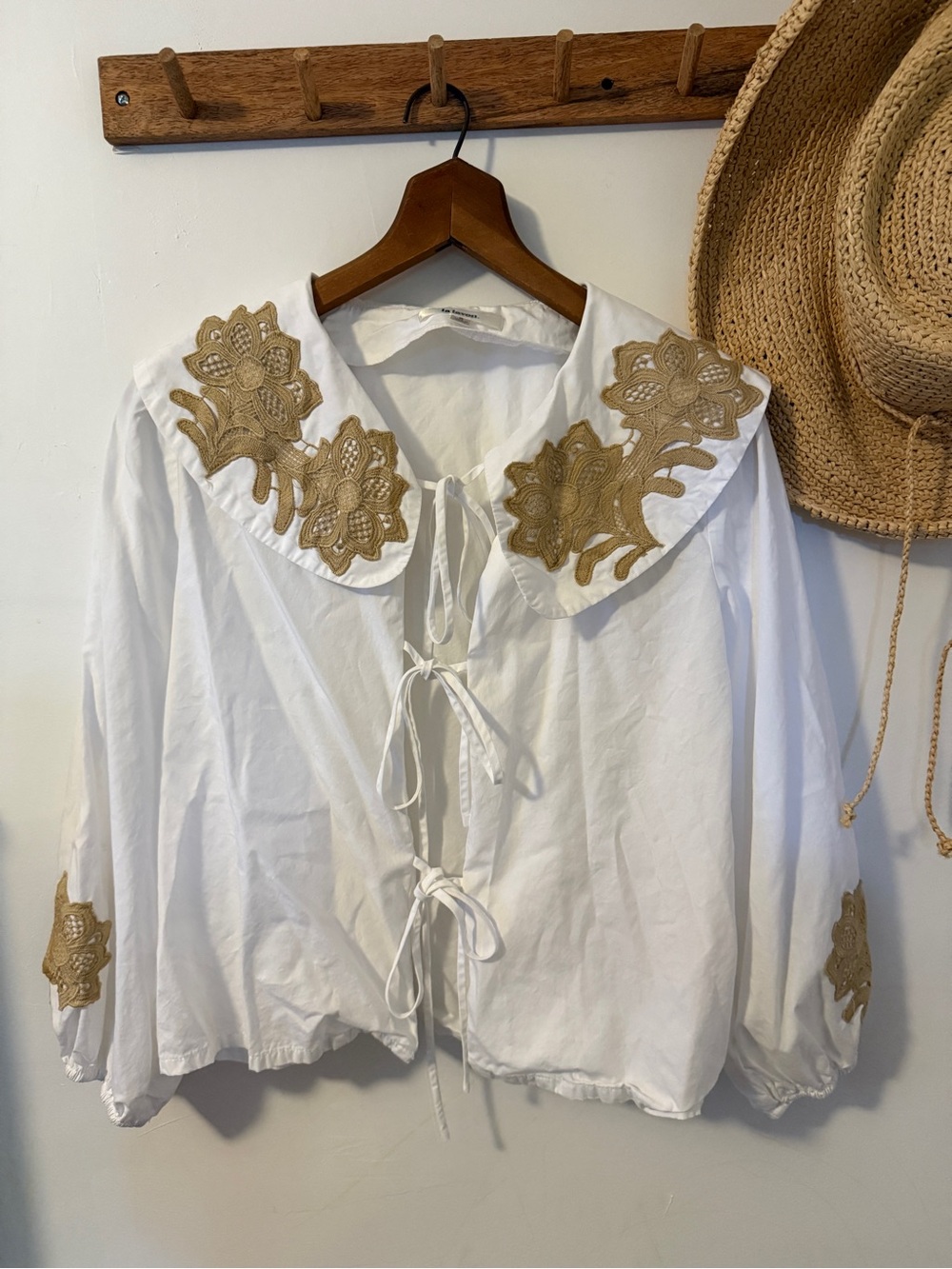 White Blouse with Tan Lace Appliqué and Tie Front